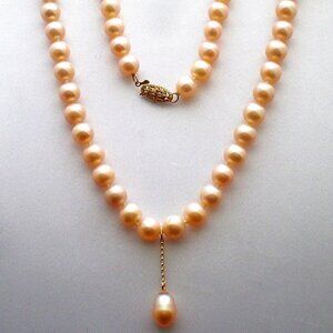 Gorgeous Designer 14K Gold Peach Pearl Pendant Beads Beaded Necklace 14kt 18"